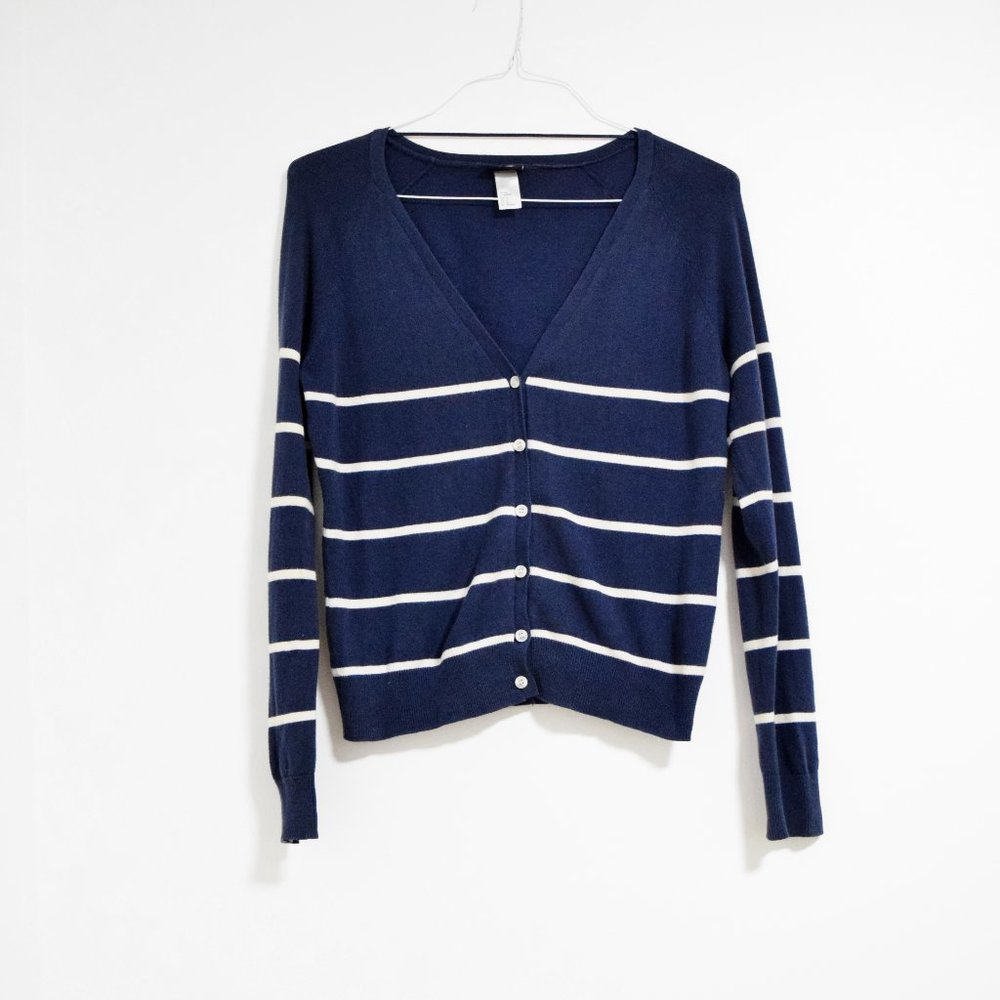 H&M Navy Blue Striped V-neck Button up Cardigan | Size M